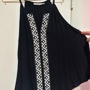 Black Sleeveless Top with Geometric Trim, women’s size large boho Fairycore